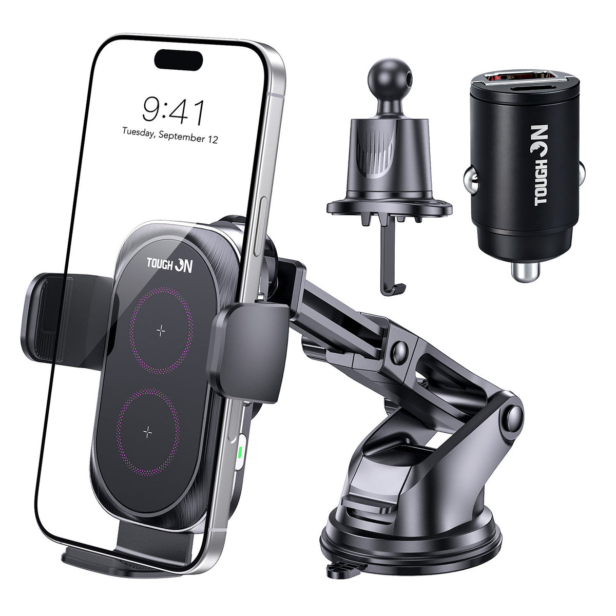 Tough On Wireless Car Charger Auto Clamping Car Phone Holder with 65W Car Adapter