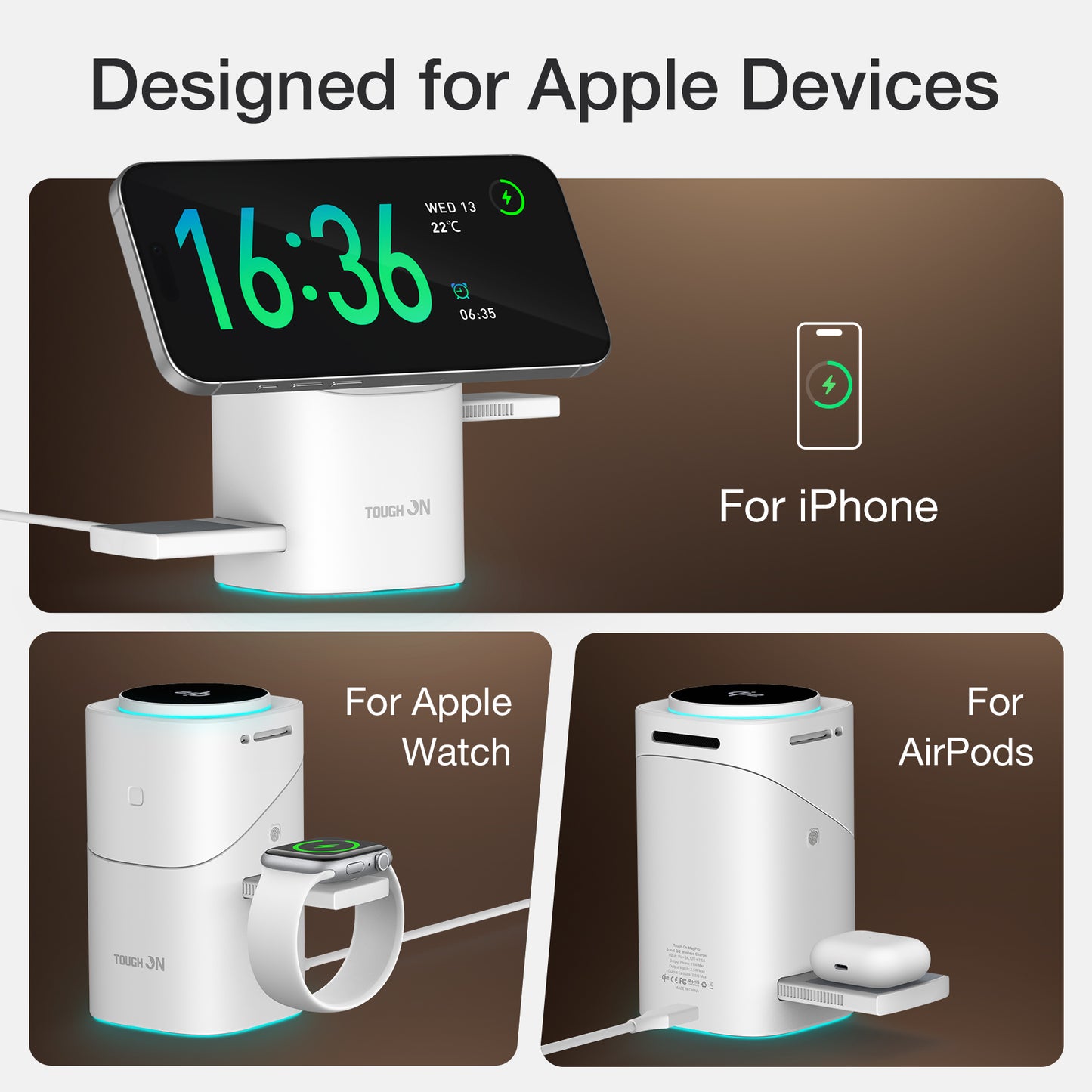 Tough On MagPro Qi2 3-in-1 Wireless Charger for Apple iPhone Watch AirPods