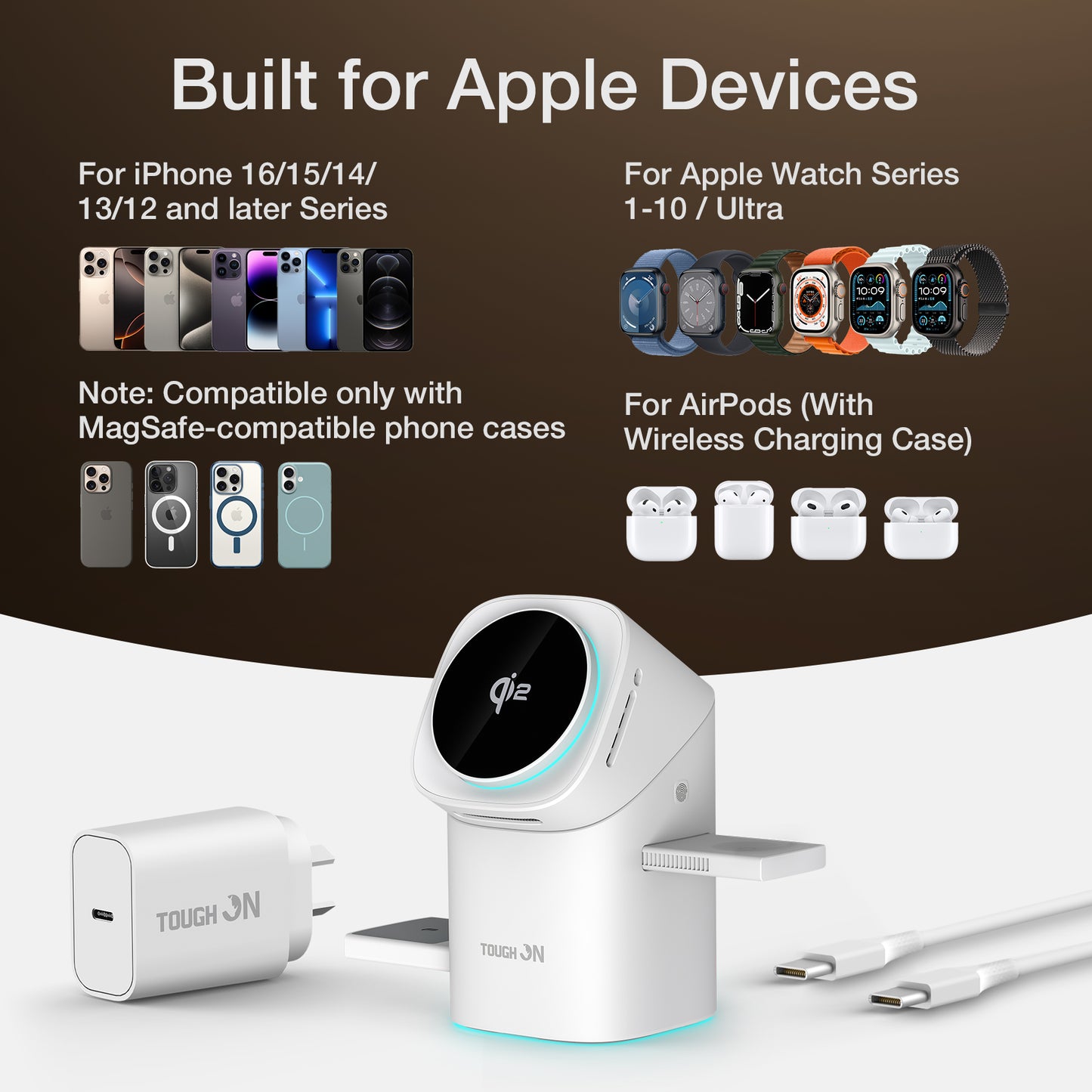 Tough On MagPro Qi2 3-in-1 Wireless Charger for Apple iPhone Watch AirPods