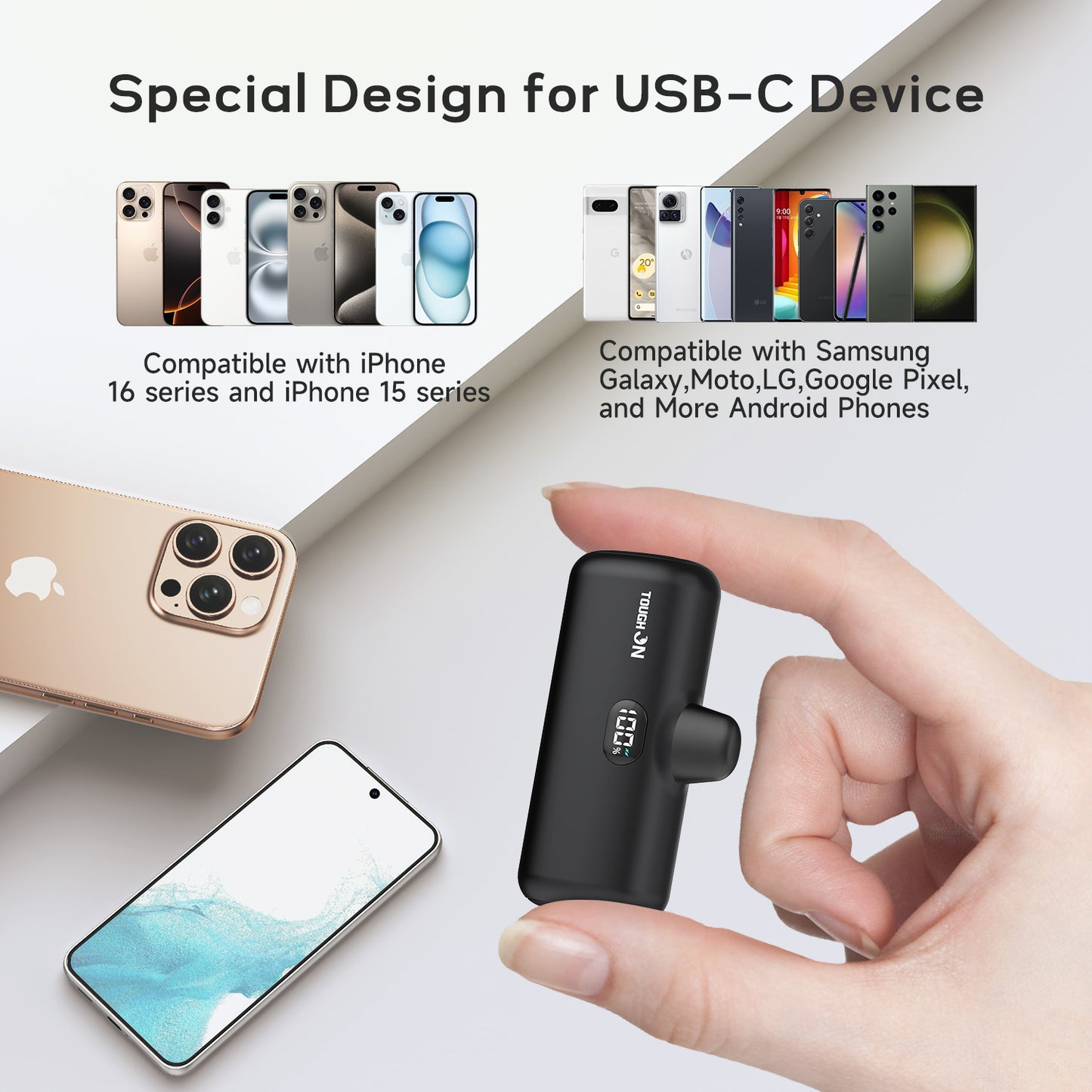 Tough On Mini Portable Charger 5000mAh Power Bank USB C for Samsung Android iPhone 15 & 16 Series