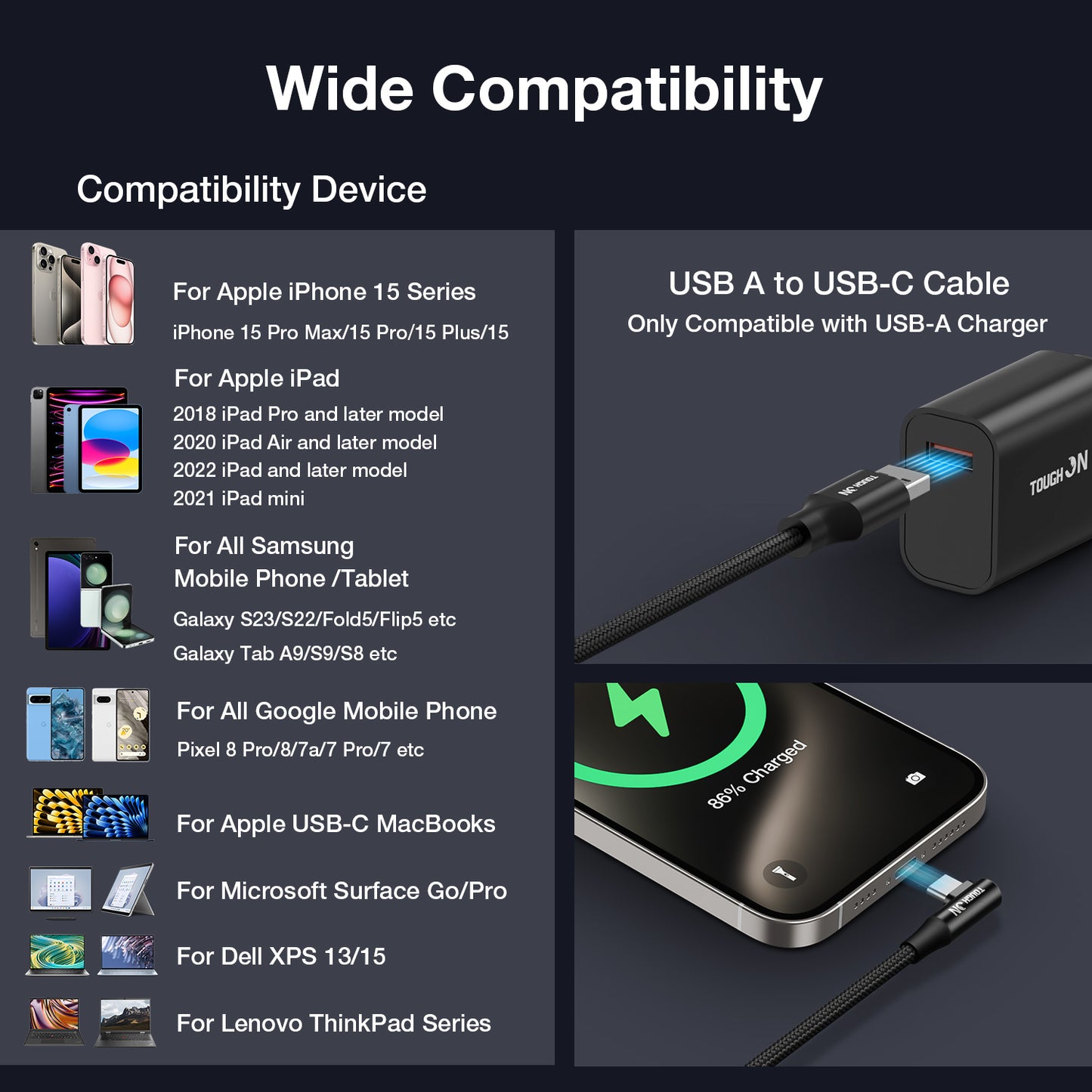Tough On USB A to USB C Charger Cable 100W Fast Charging Cable