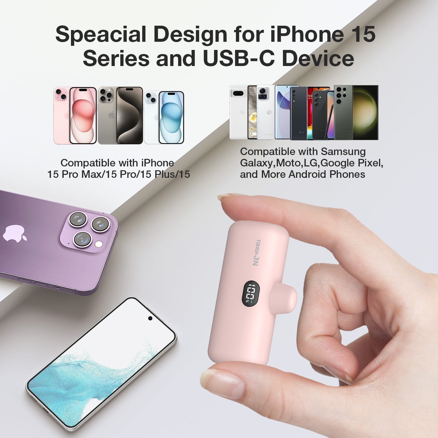 Tough On Mini Portable Charger 5000mAh Power Bank USB C for Samsung Android iPhone 15 & 16 Series