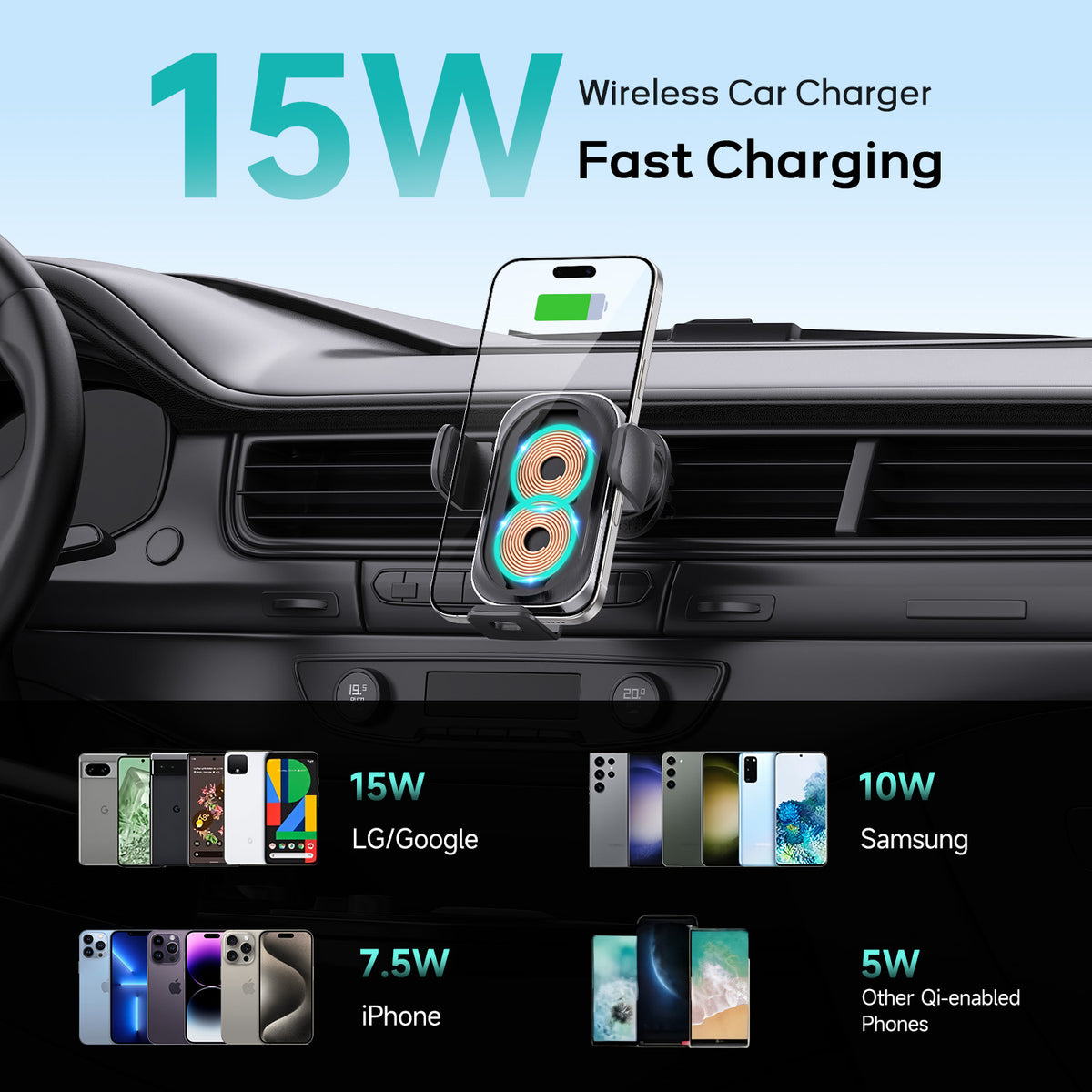Tough On Wireless Car Charger Auto Clamping Car Phone Holder with 65W Car Adapter