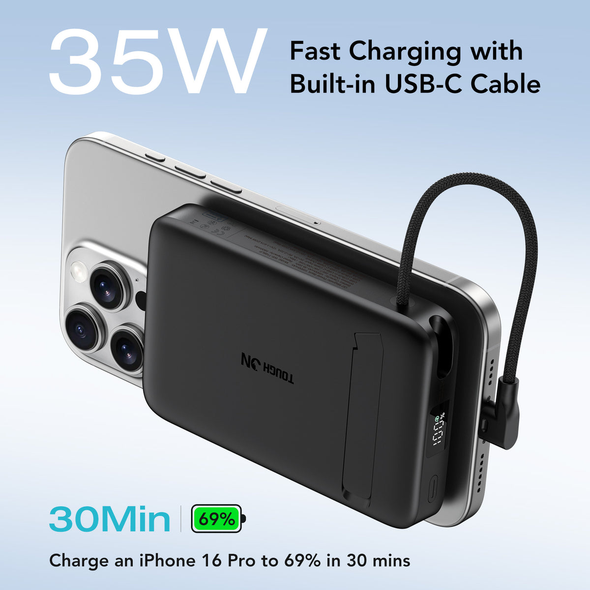 Tough On 10,000mAh Qi2 Magnetic Power Bank with 35W Built-In Cable & Stand