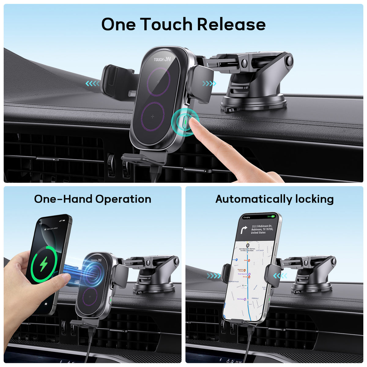 Tough On Wireless Car Charger Auto Clamping Car Phone Holder with 65W Car Adapter