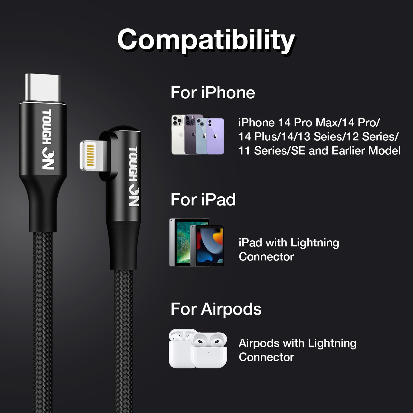 Tough On USB C to Lightning Cable 27W Right Angle Lightning Fast Charging Cable 2M