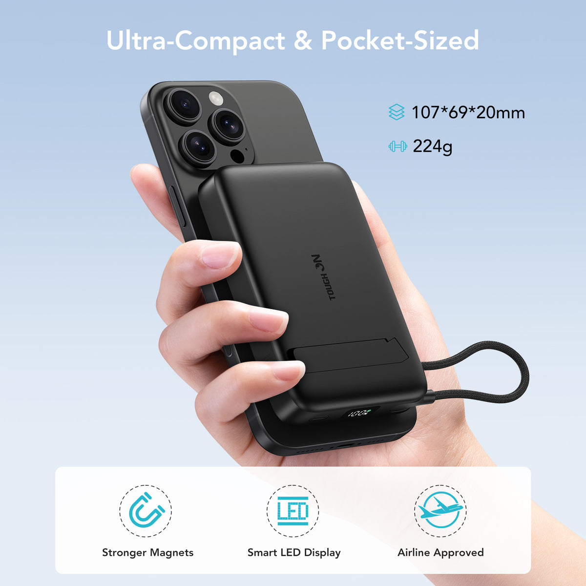 Tough On 10,000mAh Qi2 Magnetic Power Bank with 35W Built-In Cable & Stand