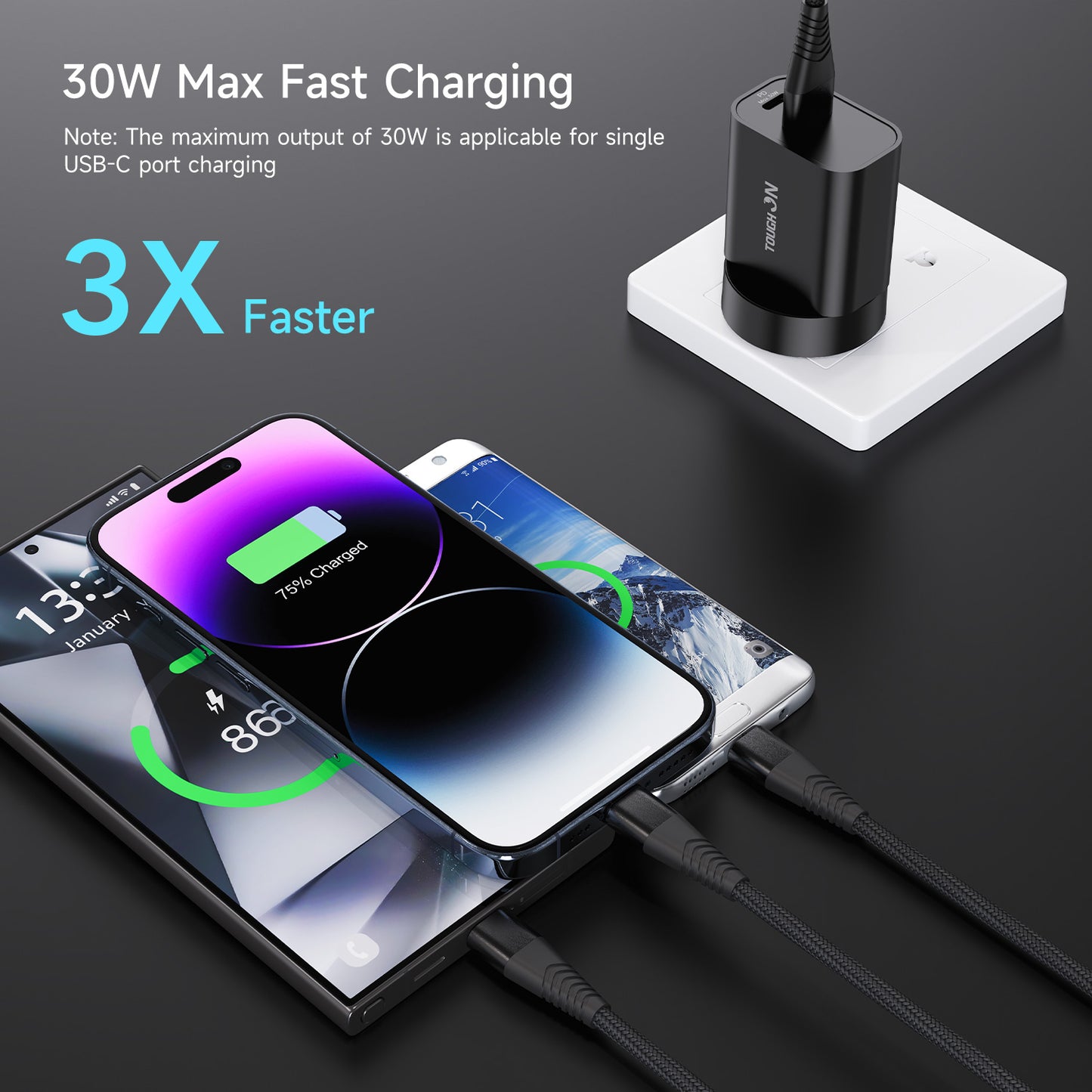 Tough on 30W Dual Port Universal Travel Fast Wall Charger with Cable