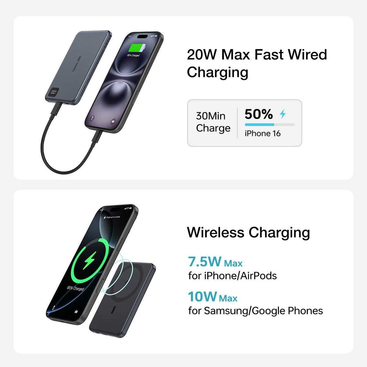 2 Pack Tough On 5000mAh Ultra Slim Magnetic Power Bank