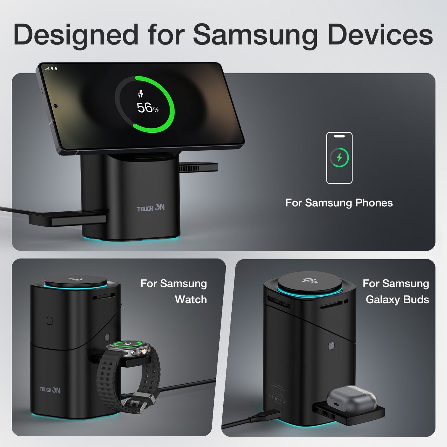 Tough On MagPro QI2 3-in-1 Wireless Charger for Samsung Galaxy Phone Watch Earbuds