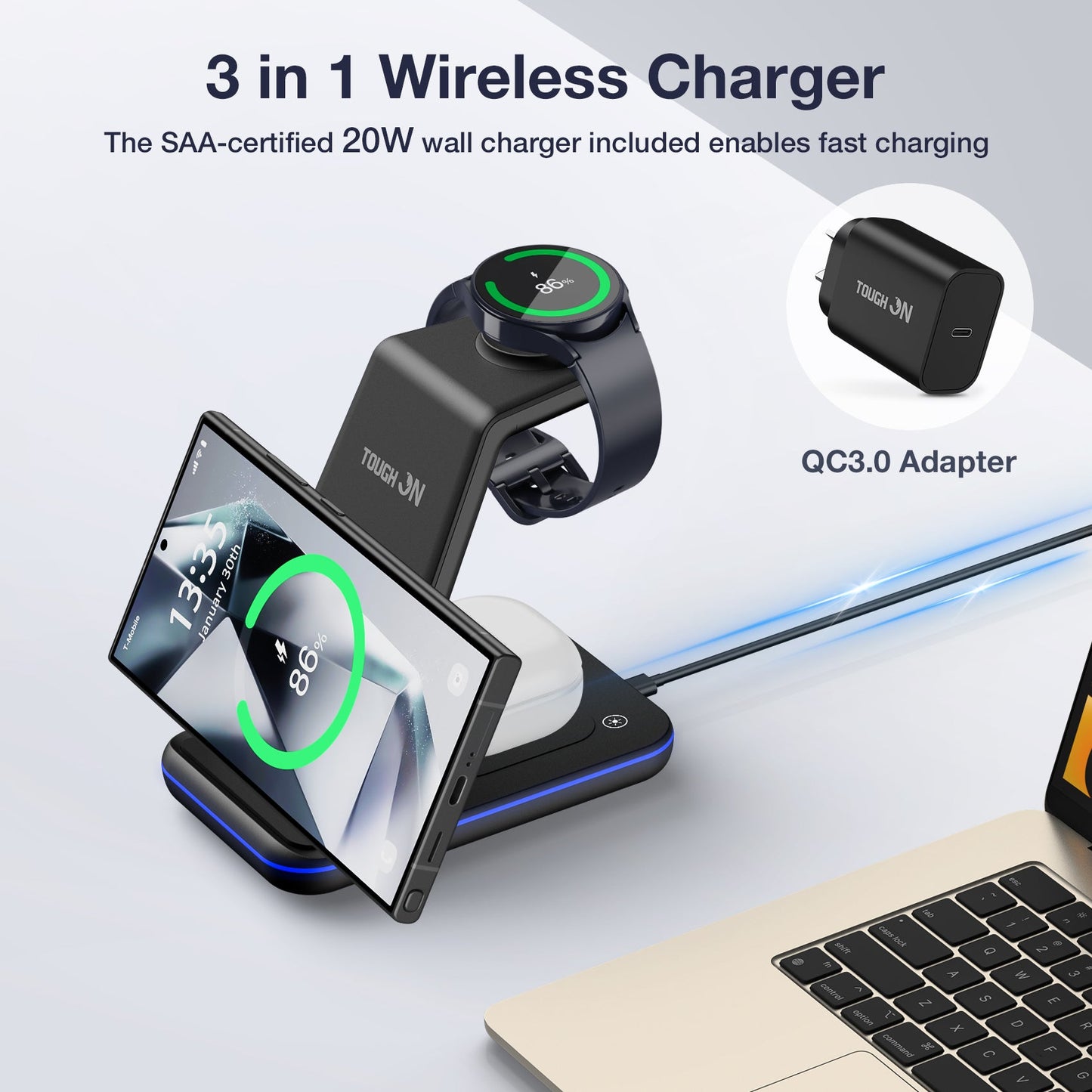 Tough On 3 in 1 Wireless Charging Station for Samsung Galaxy Phone Watch Earbuds