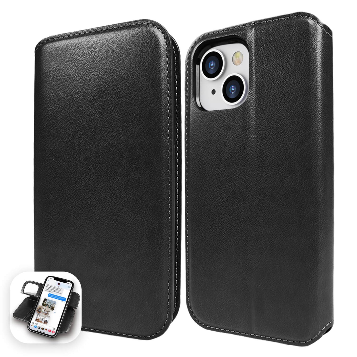 Tough On iPhone 14 Plus Case Magnetic Fine Leather Detachable Black