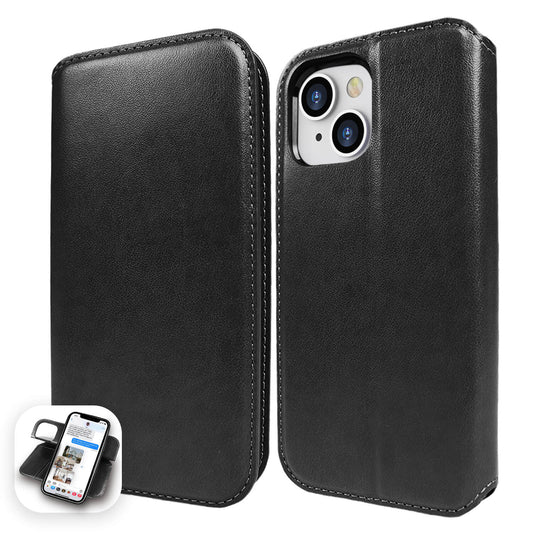 Tough On iPhone 14 Plus Case Magnetic Fine Leather Detachable Black