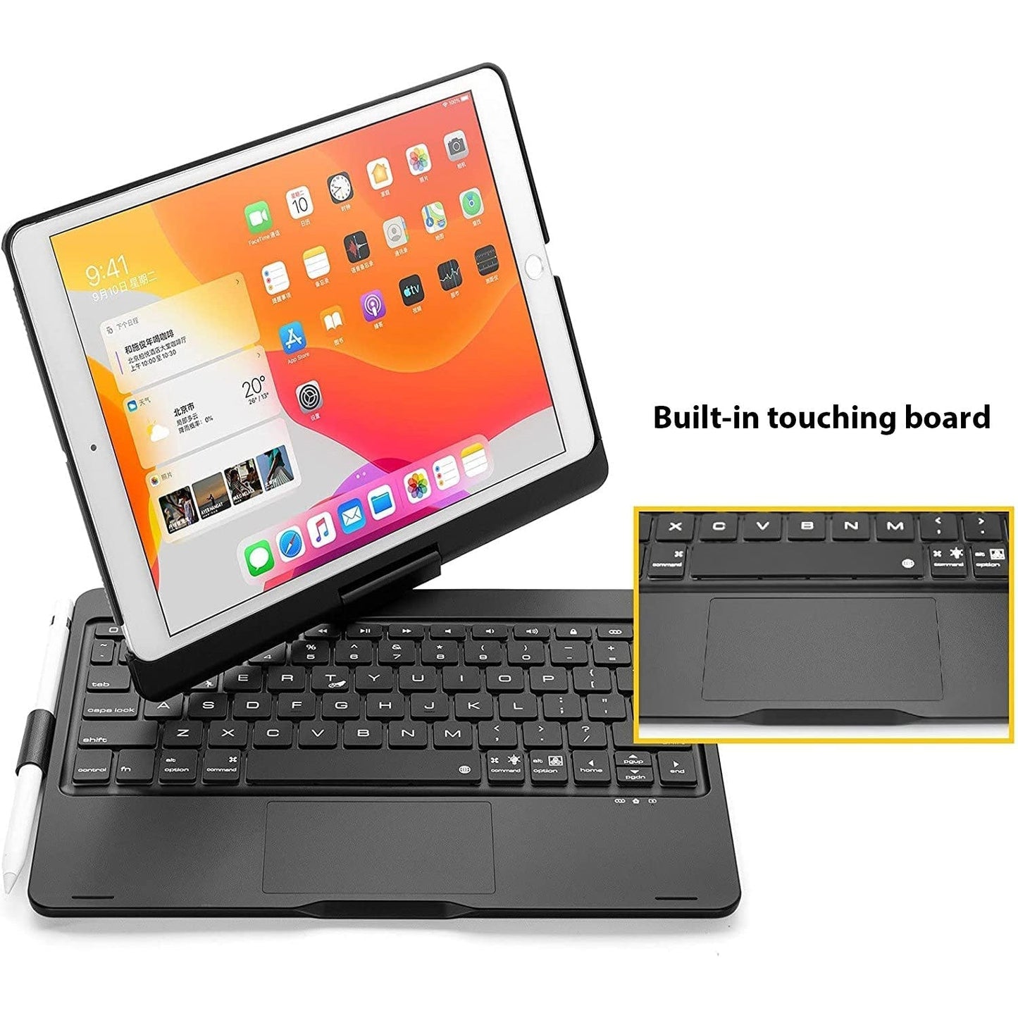 Tough On iPad 9 / 8 / 7th Gen 10.2 inch Case Bluetooth Keyboard Rotatable Cover Black