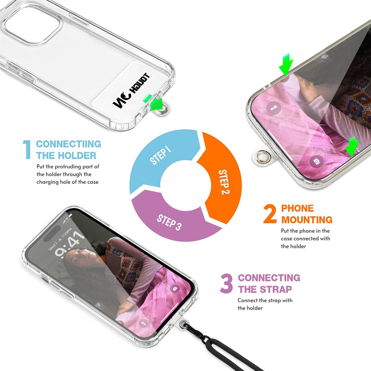 Tough On CrossBody Rope Phone Strap with Card Black