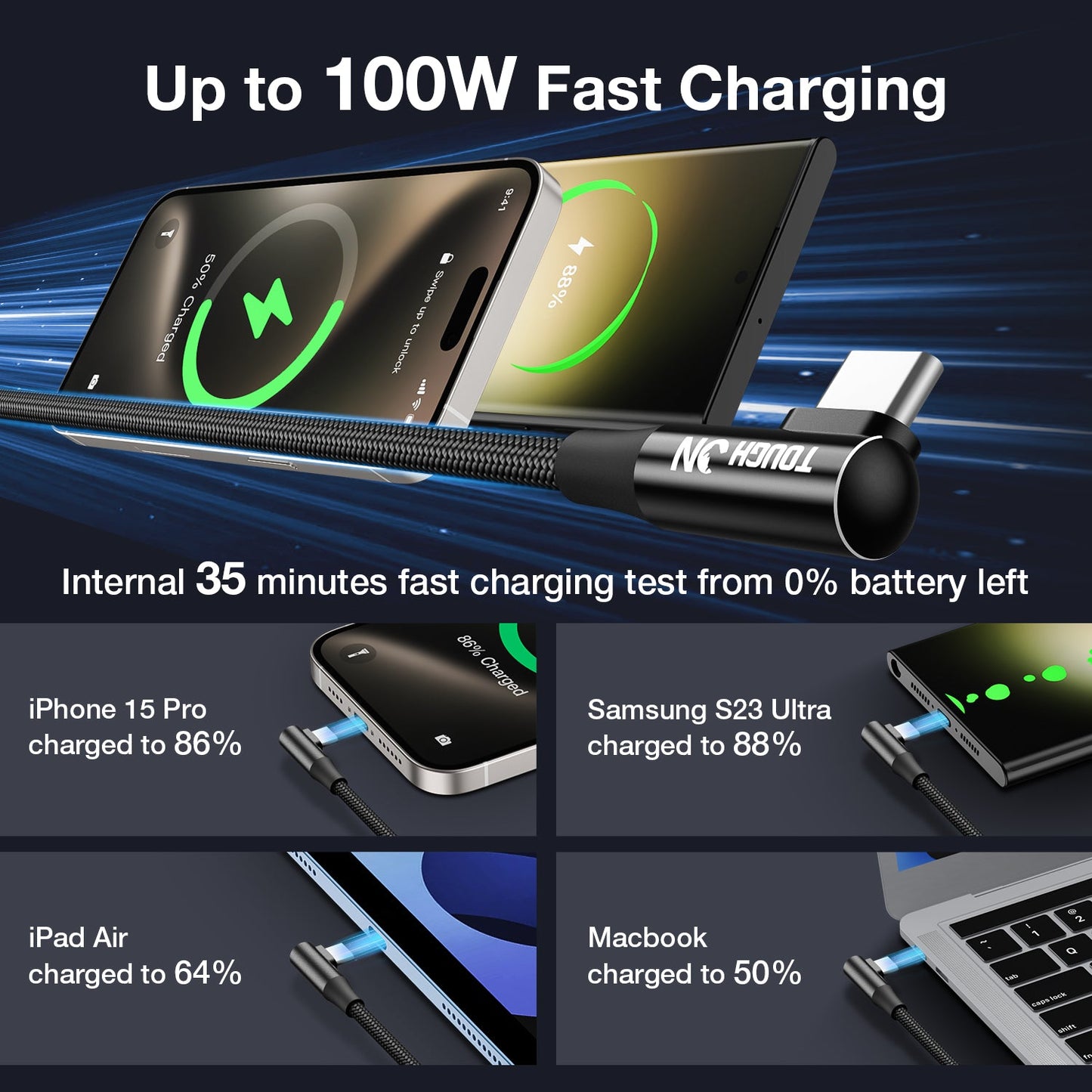 Tough On USB C to USB C Charger Cable 100W Type C Fast Charging Cable
