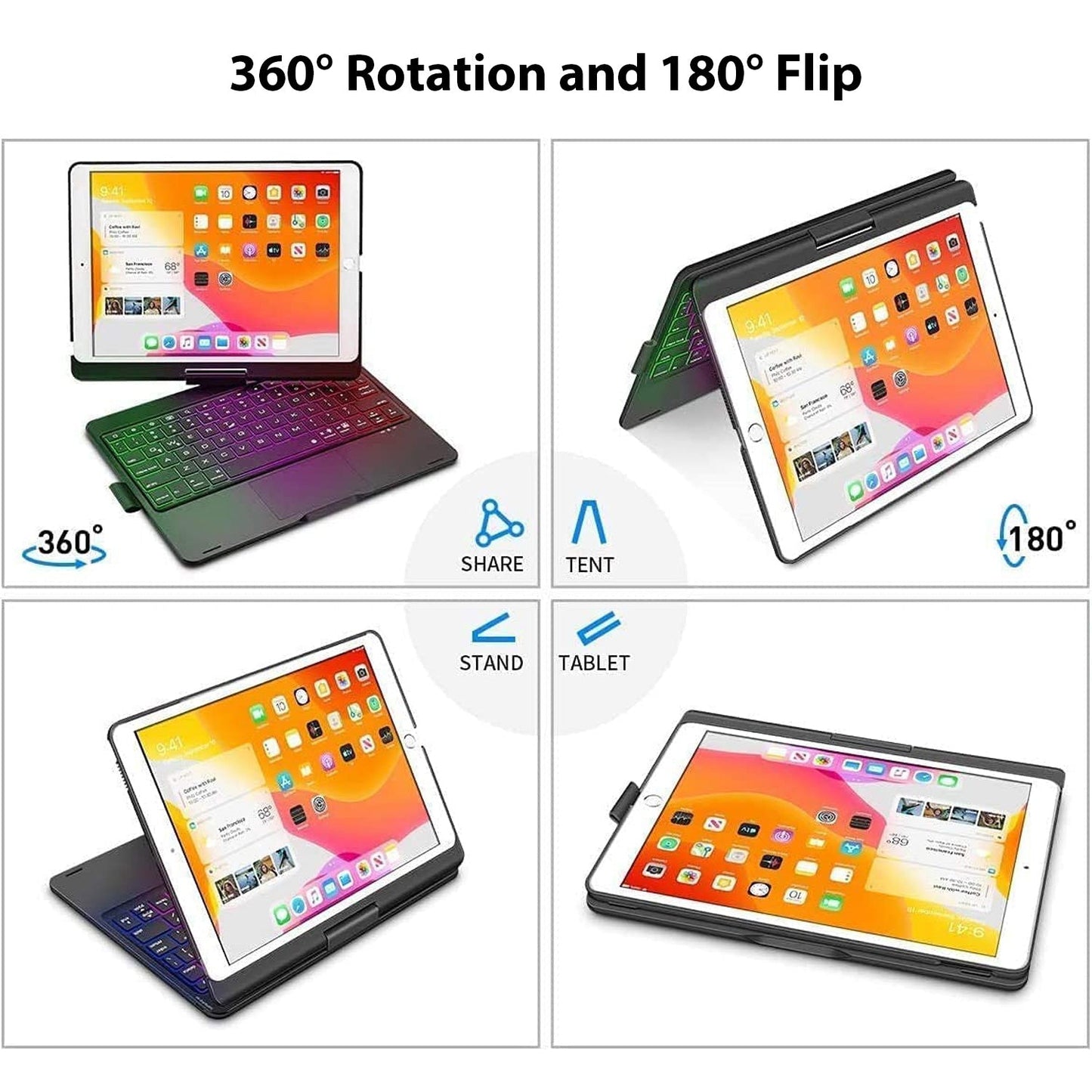 Tough On iPad 9 / 8 / 7th Gen 10.2 inch Case Bluetooth Keyboard Rotatable Cover Black