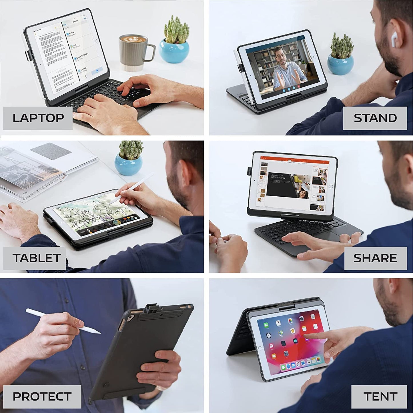 Tough On iPad Air / Air 2 9.7" Case Bluetooth Keyboard Cover Rotation Case Black