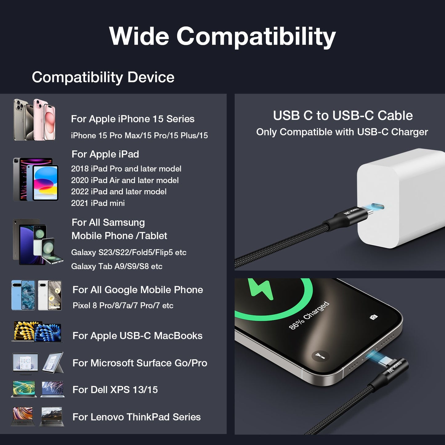 Tough On USB C to USB C Charger Cable 100W Type C Fast Charging Cable