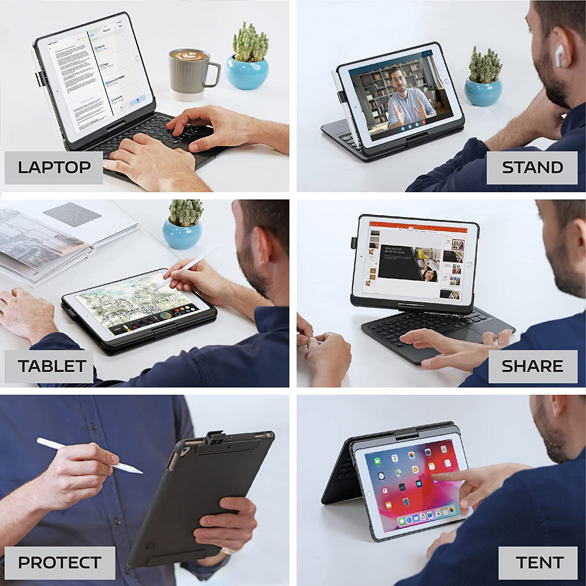 Tough On iPad 5 / 6th Gen 9.7" Case Bluetooth Keyboard Cover Rotation Case Black