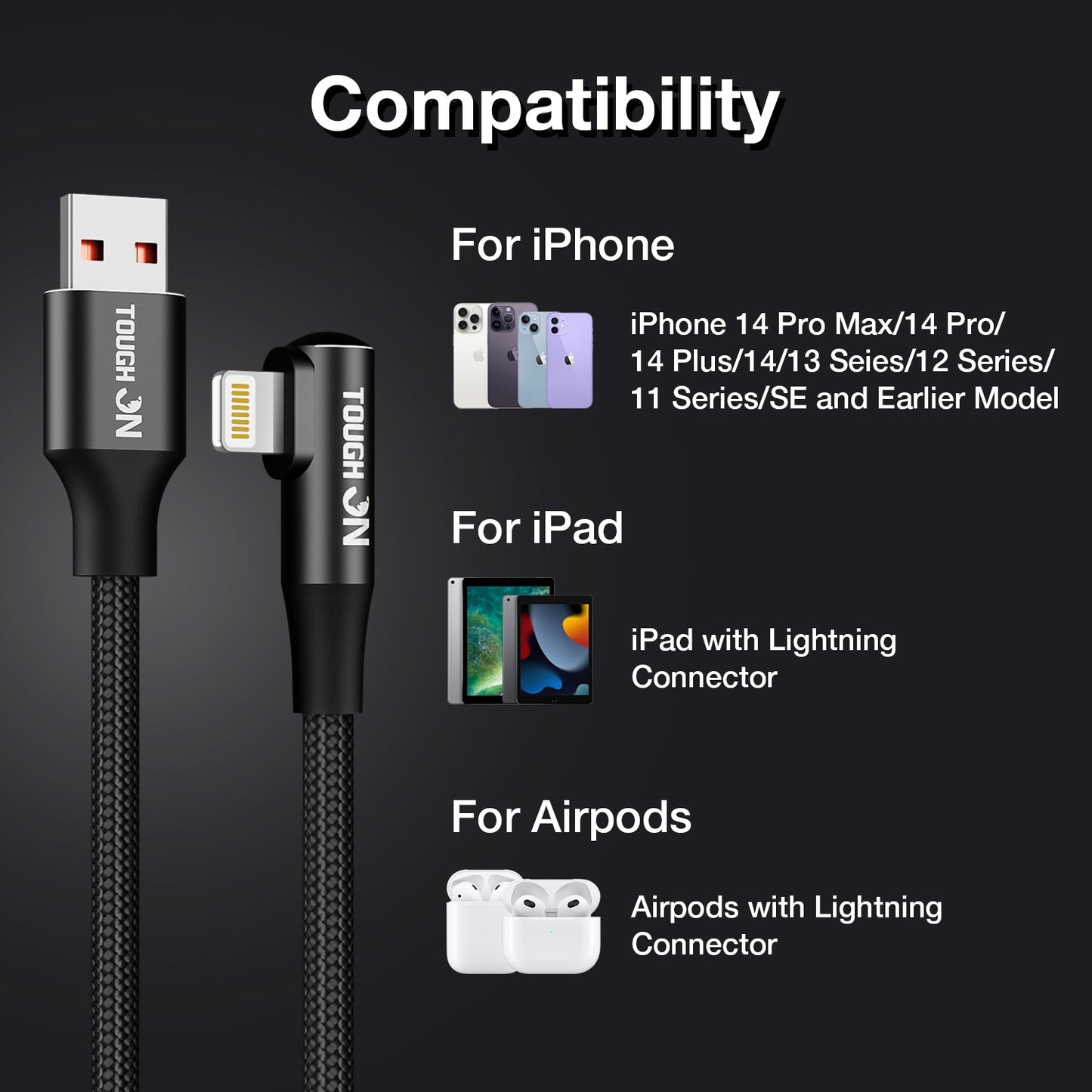 Tough On USB A to Lightning Cable 2M 2.4A Fast Charging Cable