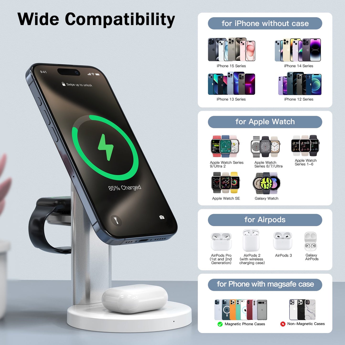 Tough On Magnetic 3 in 1 Wireless Charger Stand Station with Magsafe