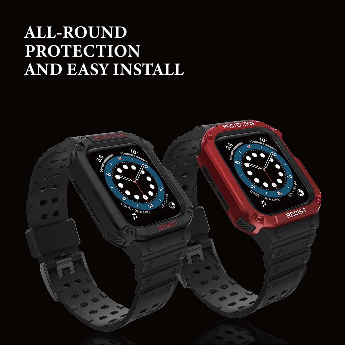 Tough On 2-in-1 Apple Watch Band with Case 42/44/45mm Rugged Protection Black/Black - Toughonstore