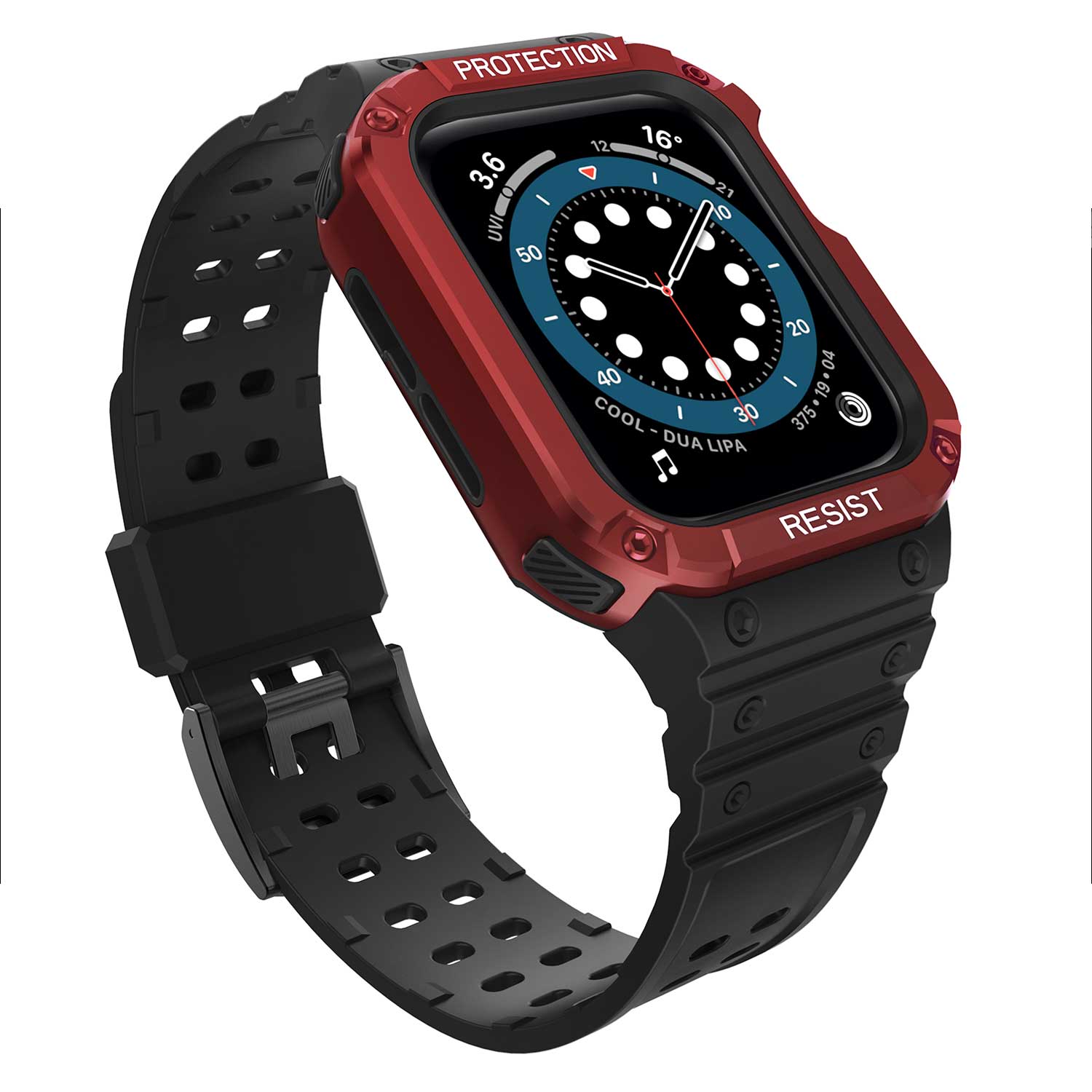 Tough On 2-in-1 Apple Watch Band with Case 42/44/45mm Rugged Protection Black/Red - Toughonstore