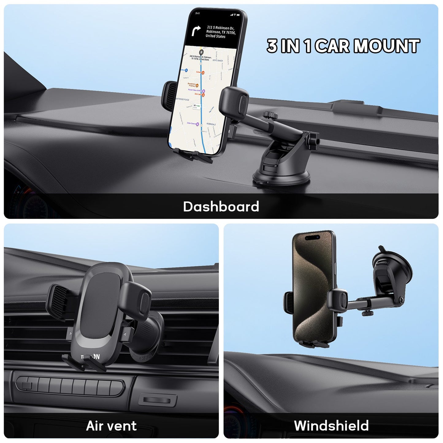Tough On Universal 3 in 1 Car Mount Phone Holder for Dashboard Air Vent Windshield