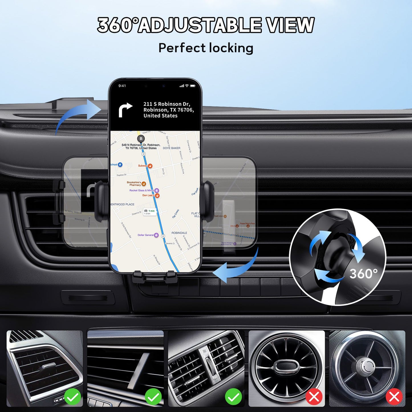 Tough On Universal 3 in 1 Car Mount Phone Holder for Dashboard Air Vent Windshield
