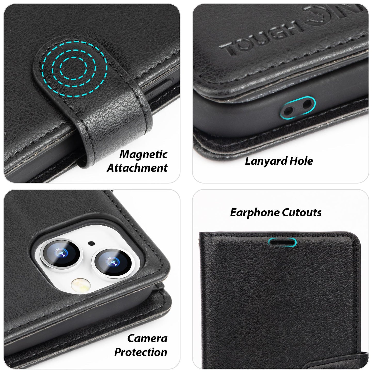 Tough On iPhone 16e / iPhone 15 Flip Wallet Leather Case Black