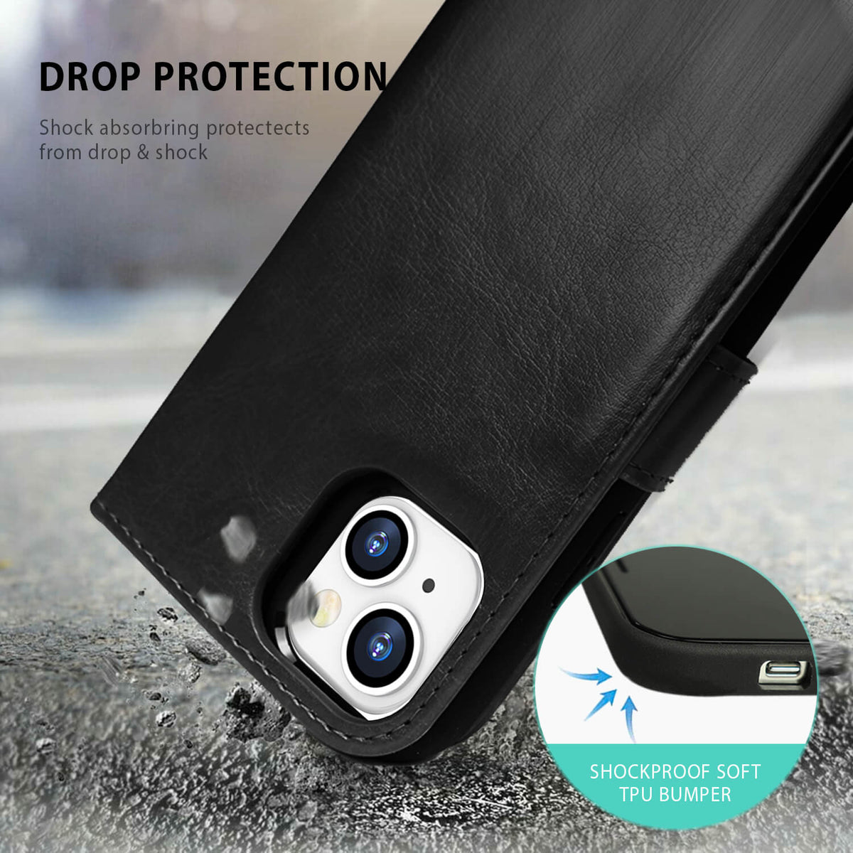 Tough On iPhone 15 Plus Case Magnetic Detachable Leather Black