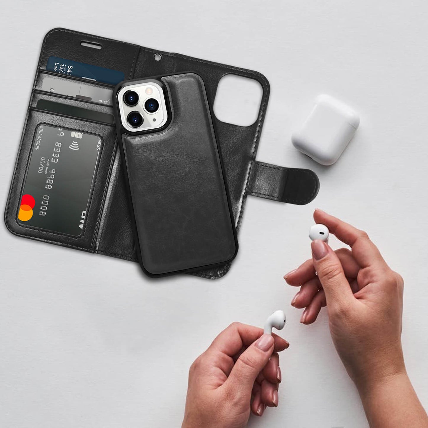 Tough On iPhone 15 Pro Case Magnetic Detachable Leather Black