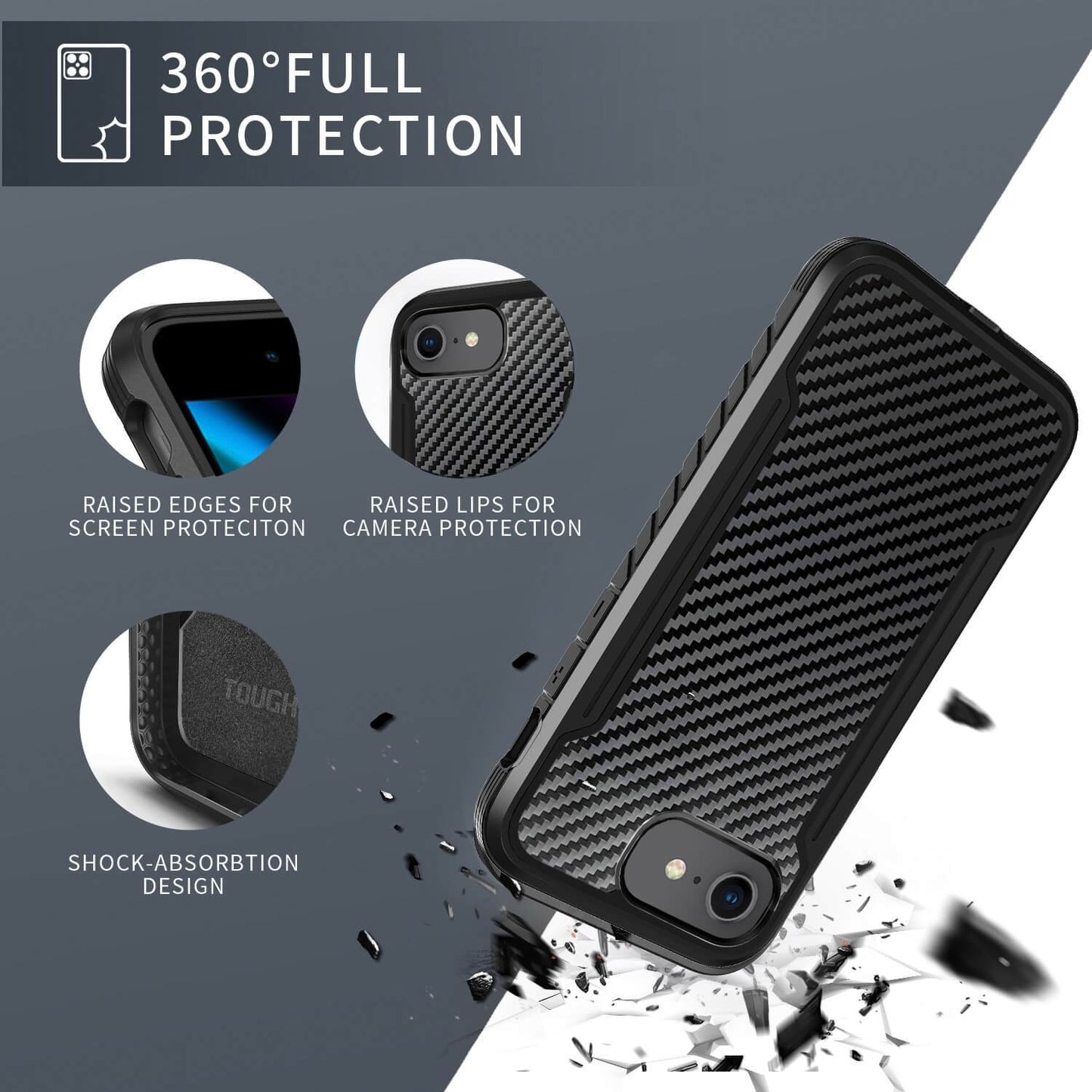 Tough On iPhone SE 2022 & 2020 / 8 / 7 / 6 Case Iron Shield Carbon Fiber Black