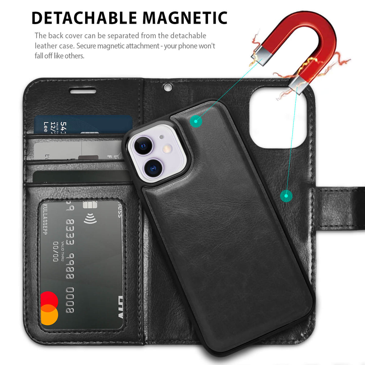 Tough On iPhone XR Case Magnetic Fine Detachable Leather Black