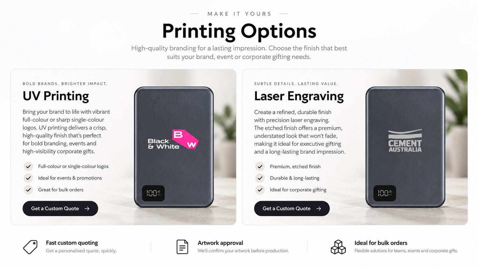 UV printing visual with a colour Black and White logo on a dark power bank