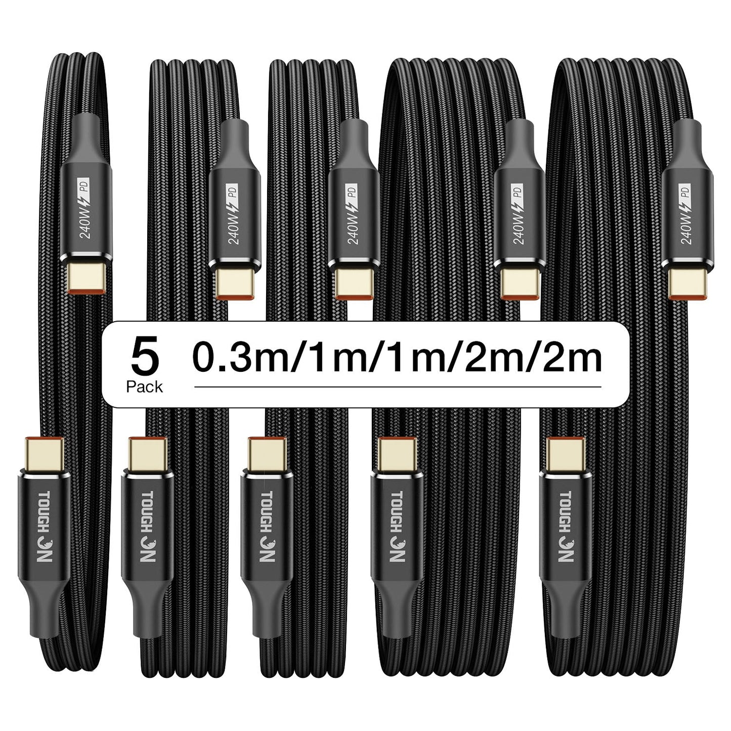 Tough On 240W USB-C Cable 5 Pack PD 3.1 Fast Charging Nylon Braided