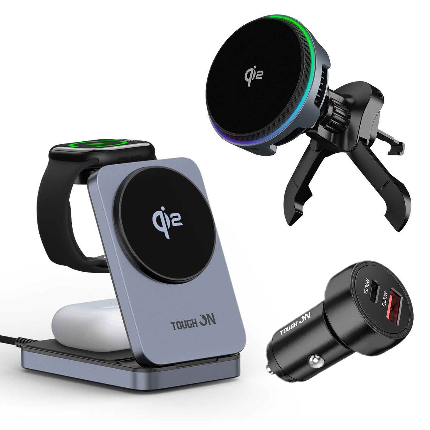 Tough On All-in-One Charging Bundle – Wireless, Car Mount & 60W Dual-Port Charger