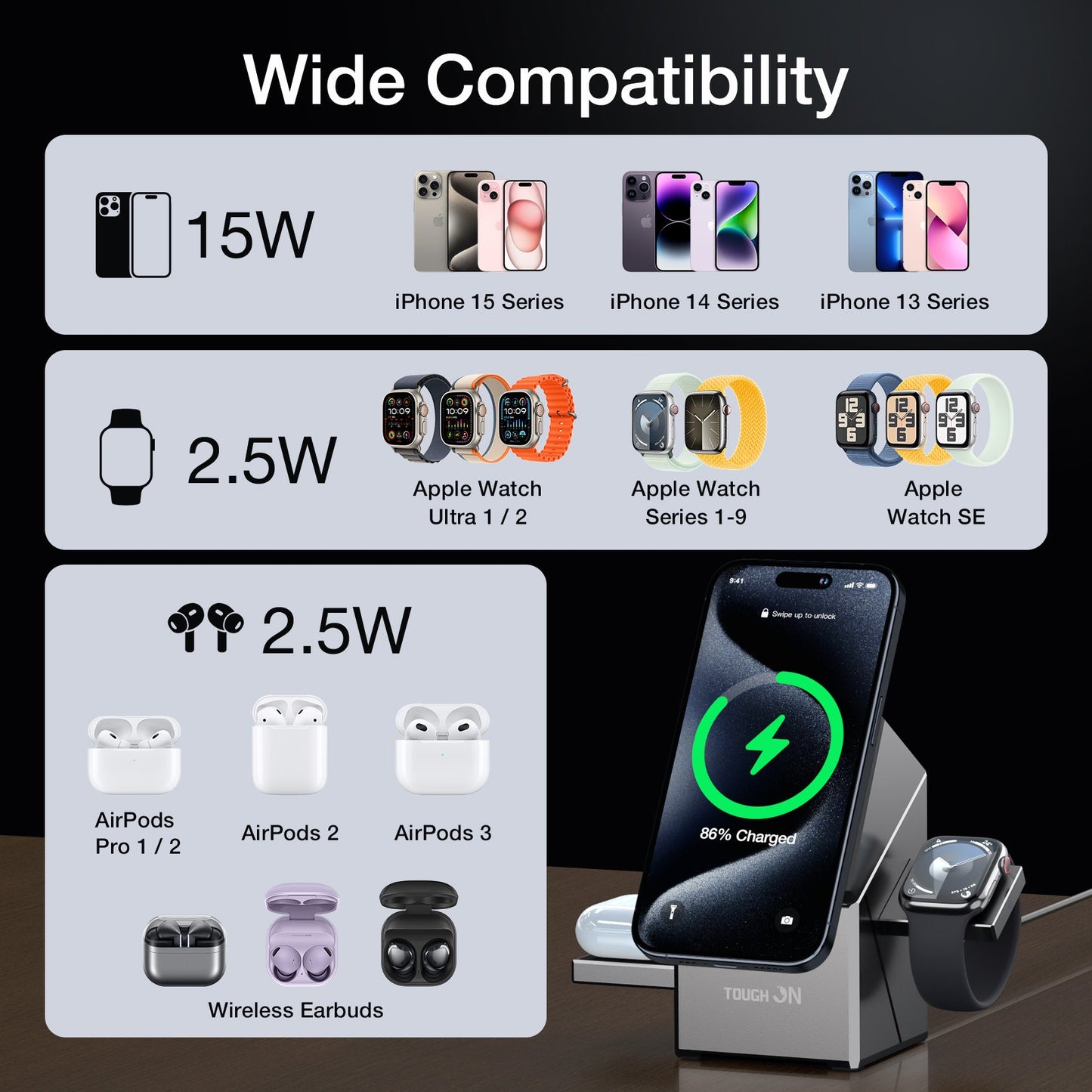 Tough On Qi2 3 in 1 Wireless Charger Compatible with MagSafe