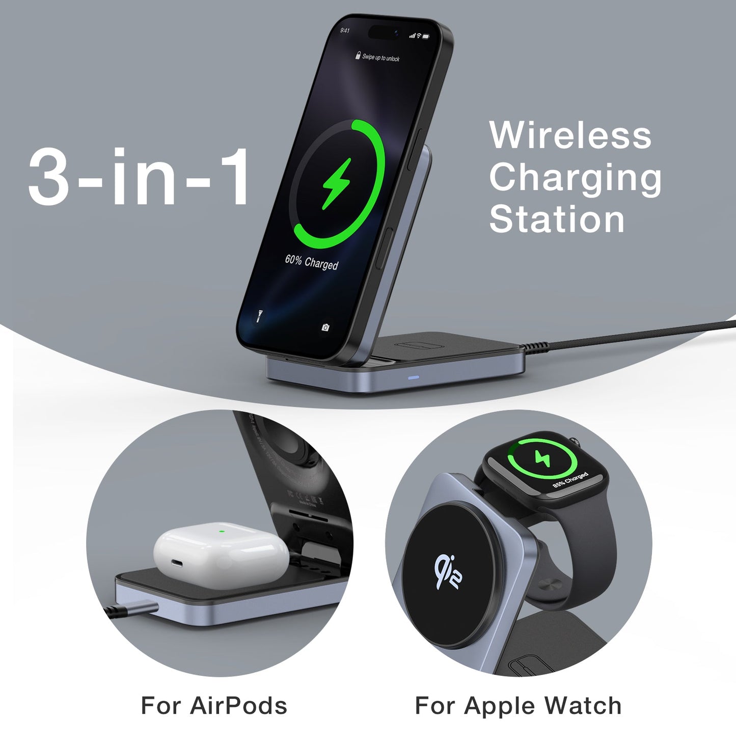 Tough On MagFold Qi2 3-in-1 Wireless Charger Foldable Compatible with MagSafe