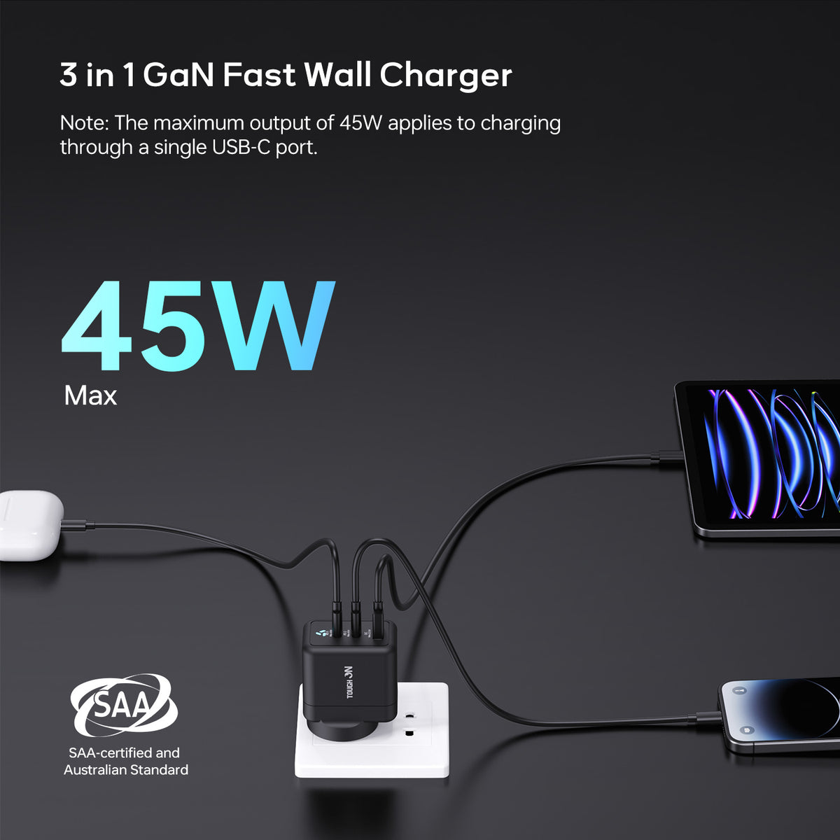 2 Pack Tough on 45W 3 Port PD & QC 3.0 Wall Charger