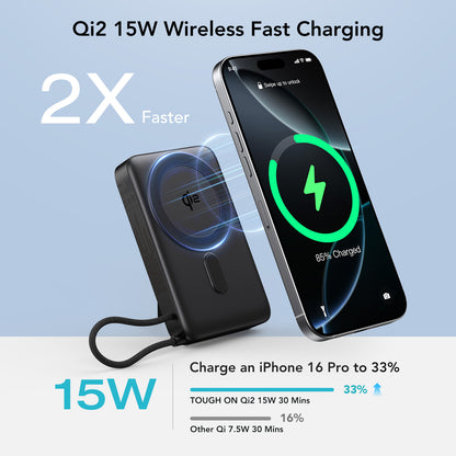 Tough On Qi2 MagSafe Power Bank 10000mAh with 35W Built-in Fast Cable and Foldable Stand