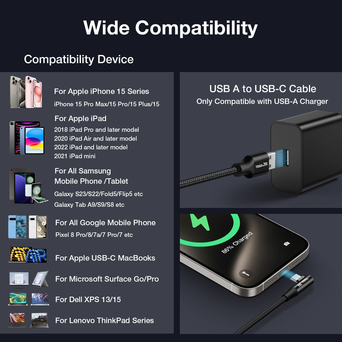 Tough On USB A to USB C Charger Cable 100W Fast Charging Cable