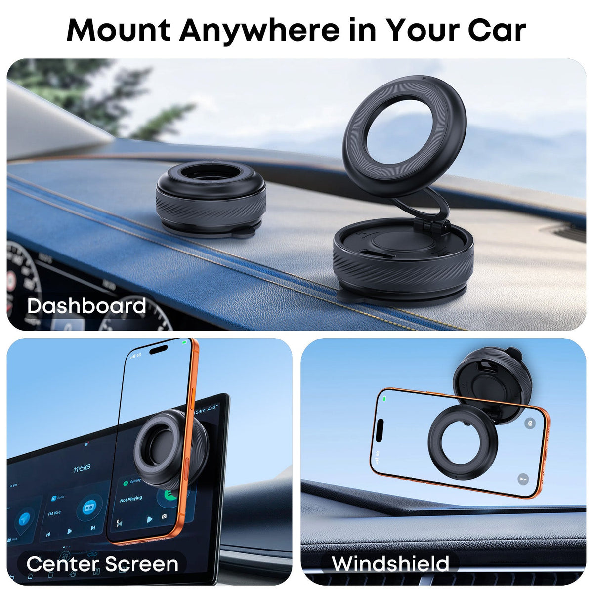 360° Adjustable Car Mount Magnetic Phone Holder with Vacuum Suction Black