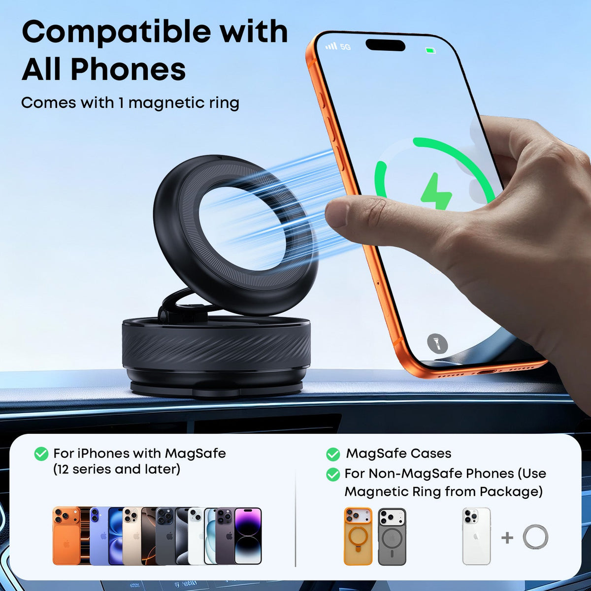 360° Adjustable Car Mount Magnetic Phone Holder with Vacuum Suction Black