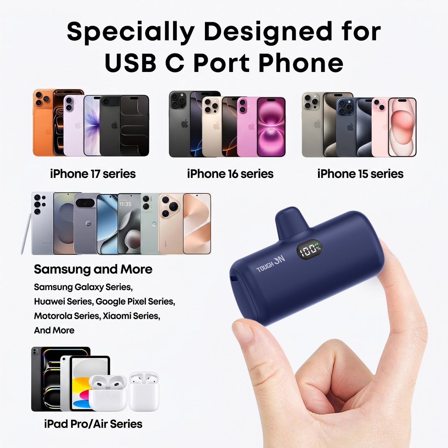 Tough On Mini Portable Charger 5000mAh Power Bank USB C for Samsung Android iPhone 17 / 16 / 15 Series