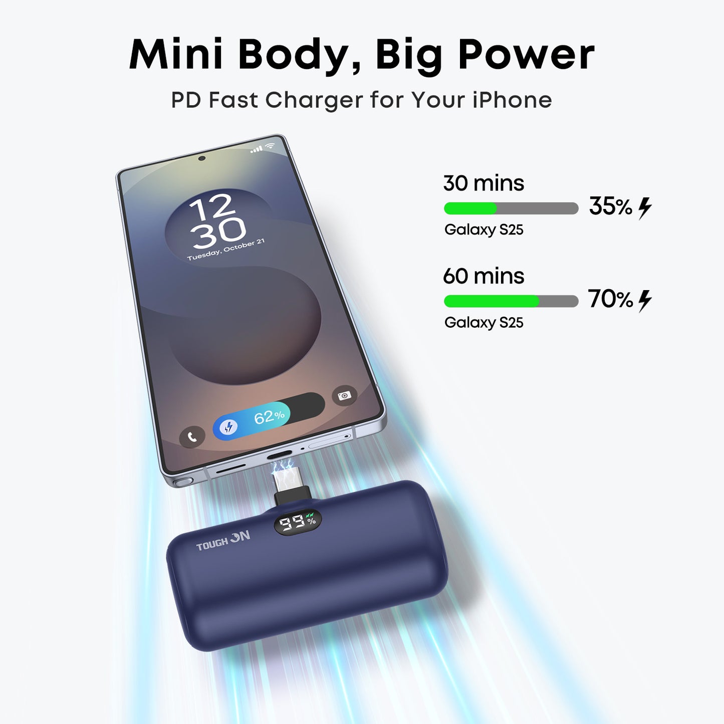 Tough On Mini Portable Charger 5000mAh Power Bank USB C for Samsung Android iPhone 17 / 16 / 15 Series