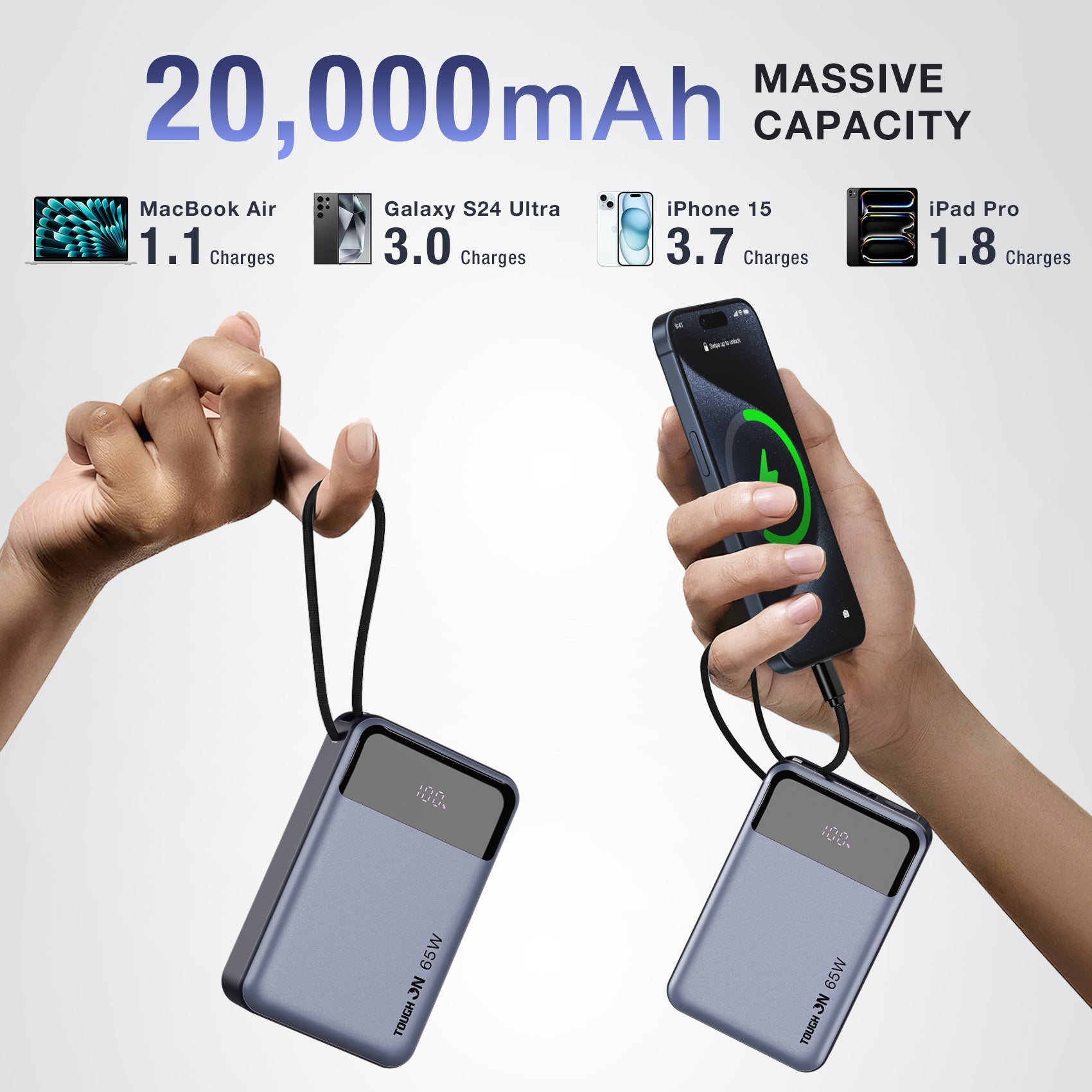 Close-up of the integrated USB-C fast charging cable on the Tough On 65W power bank
