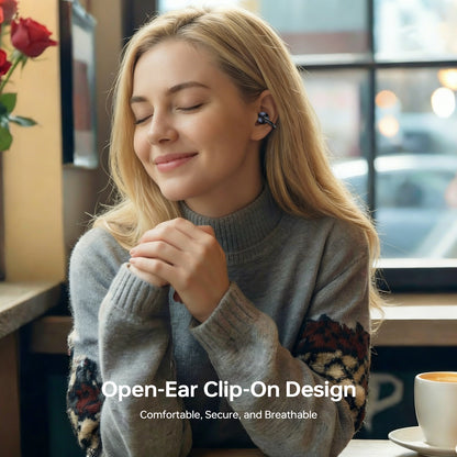 How to wear TOUGH ON OpenClip earbuds: clip on outer ear and align with ear canal