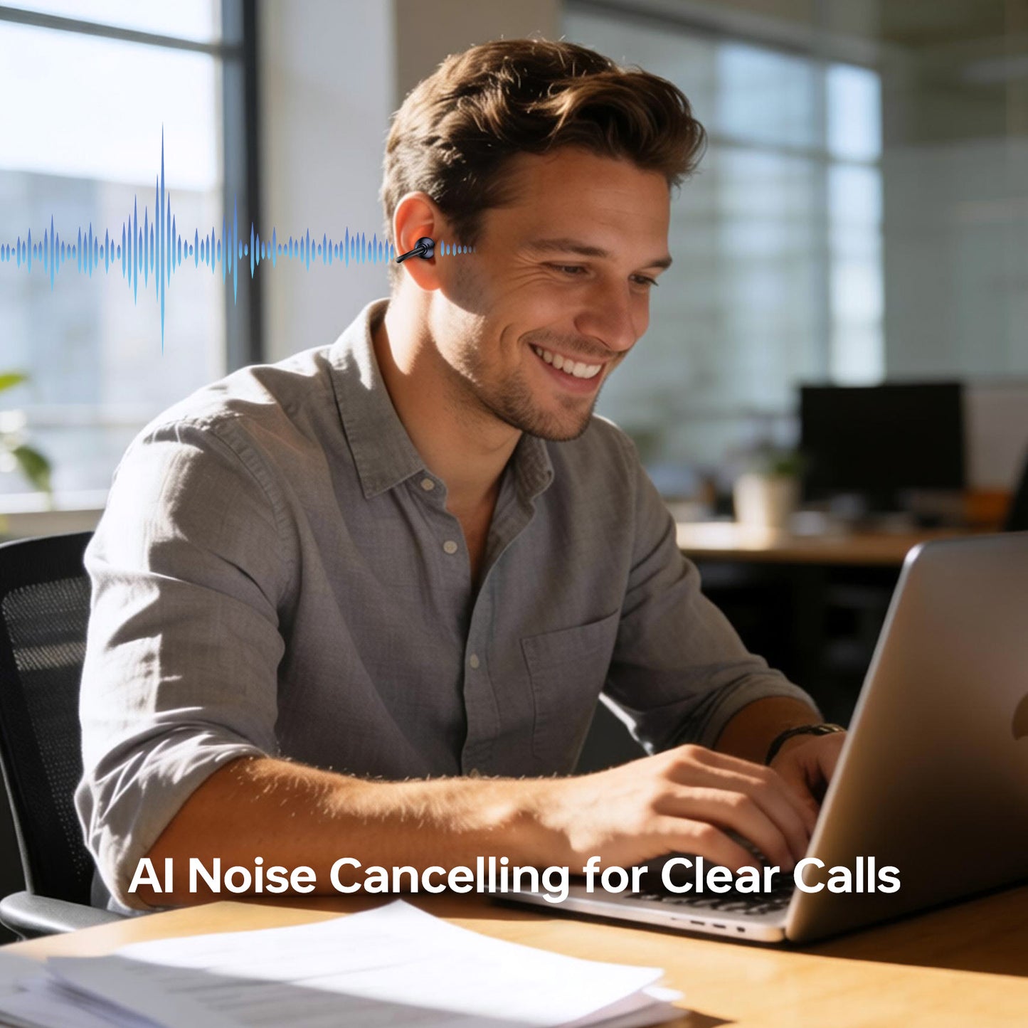 Professional taking clear voice calls using AI ENC on TOUGH ON OpenClip earbuds